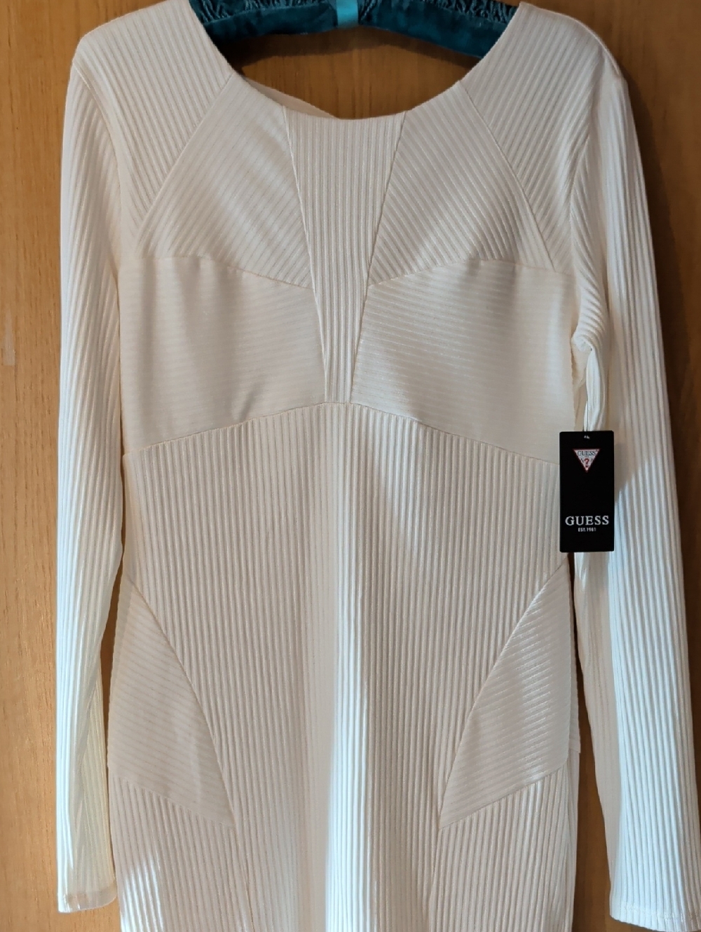 Guess Cream Ribbed Long Sleeve Bodycon Dress